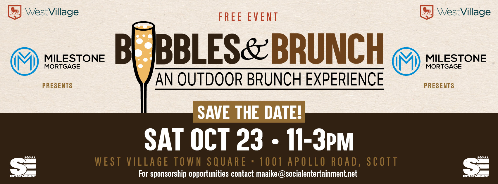 Bubbles & Brunch - An Outdoor Brunch Experience. Saturday October 23, 2021. 11-3pm - West Village Town Square - 1001 Apollo Road, Scott